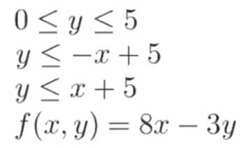 0 < y < 5
Y< -x + 5
y <x + 5
Y
f (x, y) = 8x – 3y
