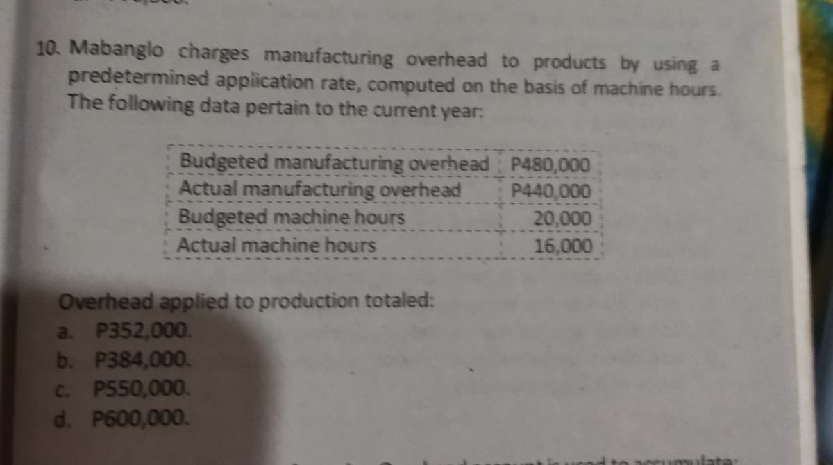 10. Mabanglo charges manufacturing overhead to products by using a
predetermined appiication rate, computed on the basis of machine hours.
The following data pertain to the current year:
Budgeted manufacturing overhead P480,000
Actual manufacturing overhead
Budgeted machine hours
P440,000
20,000
Actual machine hours
16,000
Overhead applied to production totaled:
a. P352,000.
b. P384,000.
C. P550,000.
d. P600,000.
