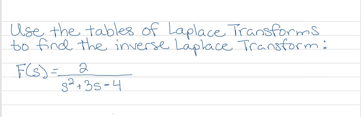Use the tables of Laplace TTransforms
to find the inverse Laplace Transform:
F(s)=.
s2+35-4
