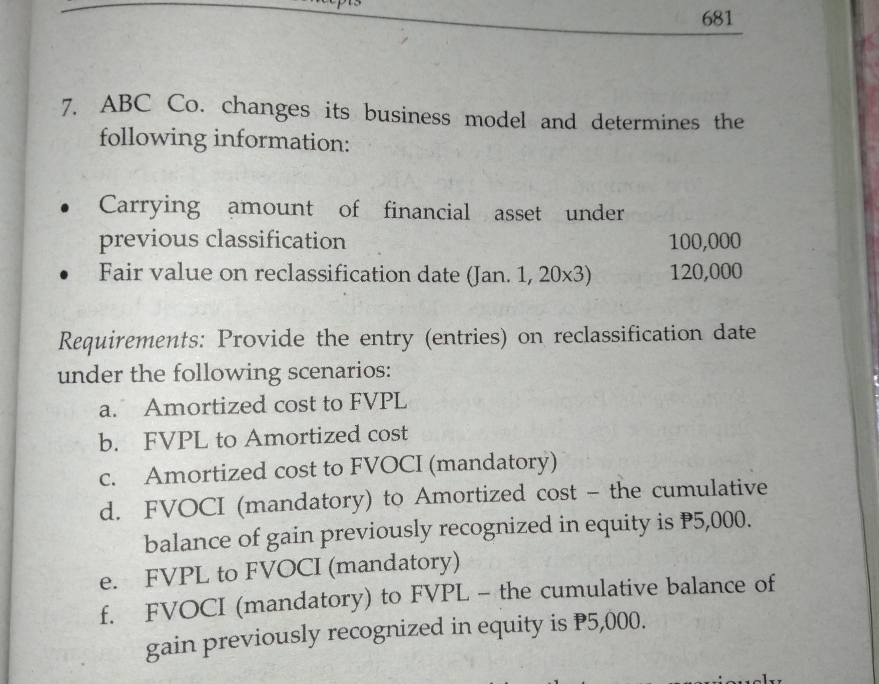 681
ABC Co. changes its business model and determines the
following information:
7.
Carrying amount of
previous classification
Fair value on reclassification date (Jan. 1, 20x3)
financial asset under
100,000
120,000
Requirements: Provide the entry (entries) on reclassification date
under the following scenarios:
Amortized cost to FVPL
a.
FVPL to Amortized cost
b.
Amortized cost to FVOCI (mandatory)
FVOCI (mandatory) to Amortized cost - the cumulative
balance of gain previously recognized in equity is P5,000.
FVPL to FVOCI (mandatory)
FVOCI (mandatory) to FVPL the cumulative balance of
gain previously recognized in equity is P5,000.
C.
www
d.
е.
www
f.
२२७०घरा
