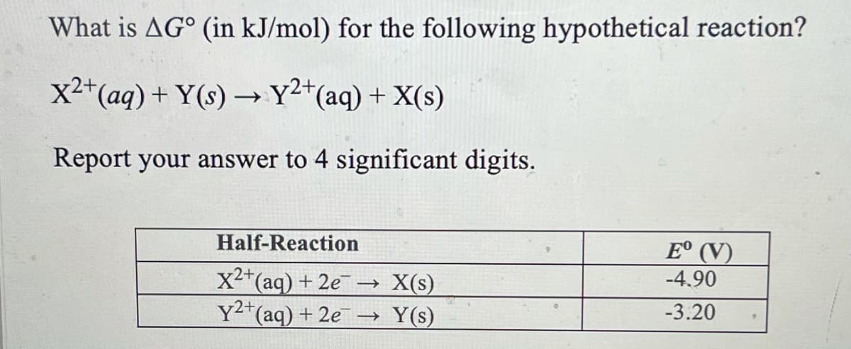 What is AG° (in kJ/mol) for the following hypothetical reaction?
x2*(aq) + Y(s) –→Y²*(aq) + X(s)
Report your answer to 4 significant digits.
Half-Reaction
E° (V)
X2(aq) + 2e → X(s)
Y²*(aq) + 2e → Y(s)
-4.90
-3.20
