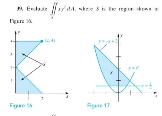 39. Evaluate
dA, where S is the region shown in
Figure 16.
(2, 4)
y =-x+ 2
3
2
y =x
S
Figure 16
Figure 17
+
