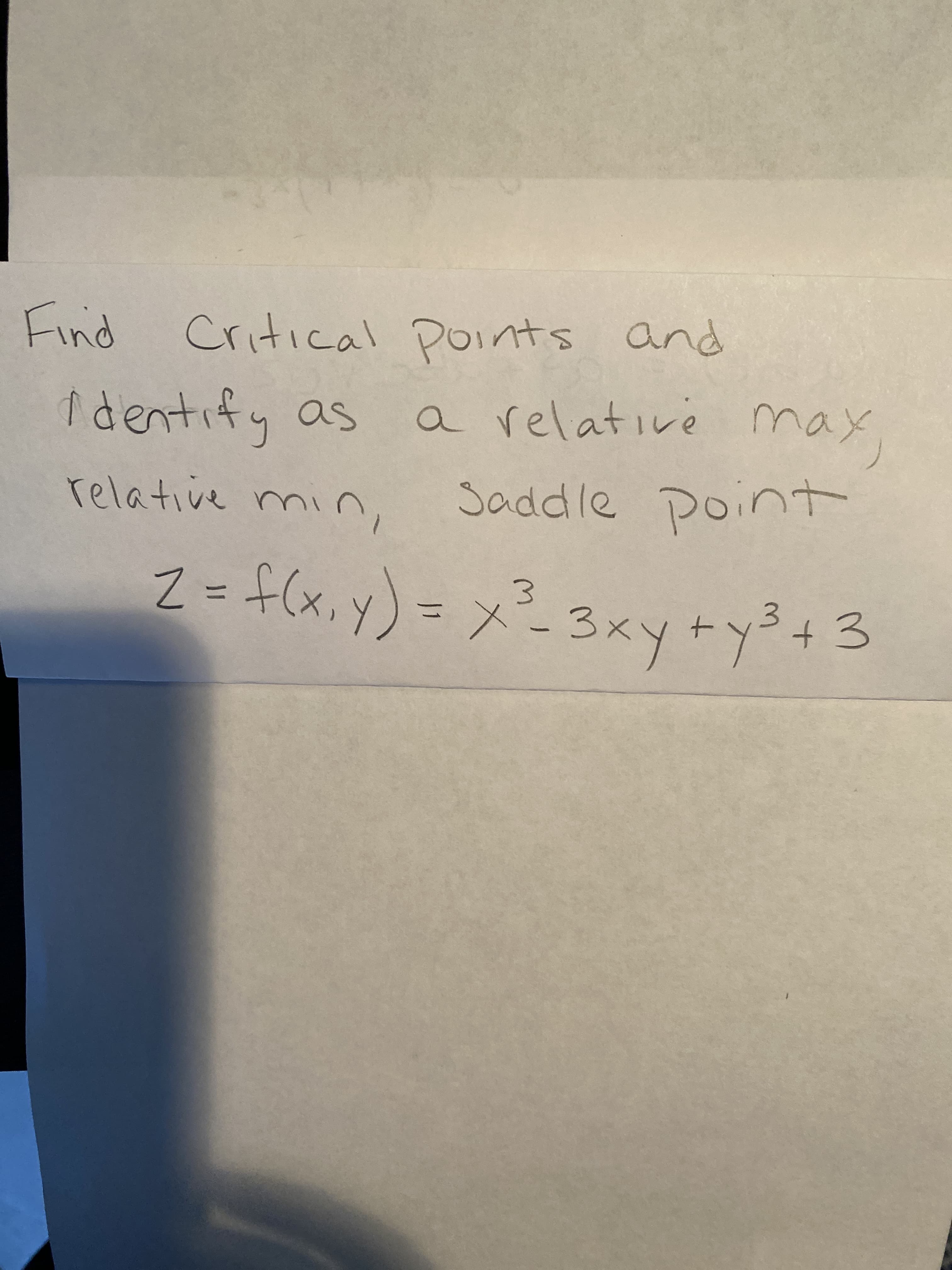 Find Critical points and
1dentify as
relative
a relative max,
Saddle
x)ナ=D Z
y.
3.
3.
ctch+hxsメ = (人
