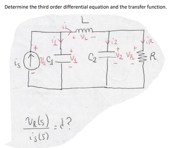 Determine the third order differential equation and the transfer function.
wuw
+ VL -
viz
ら()9
C2
Vels).d?
is(s)
