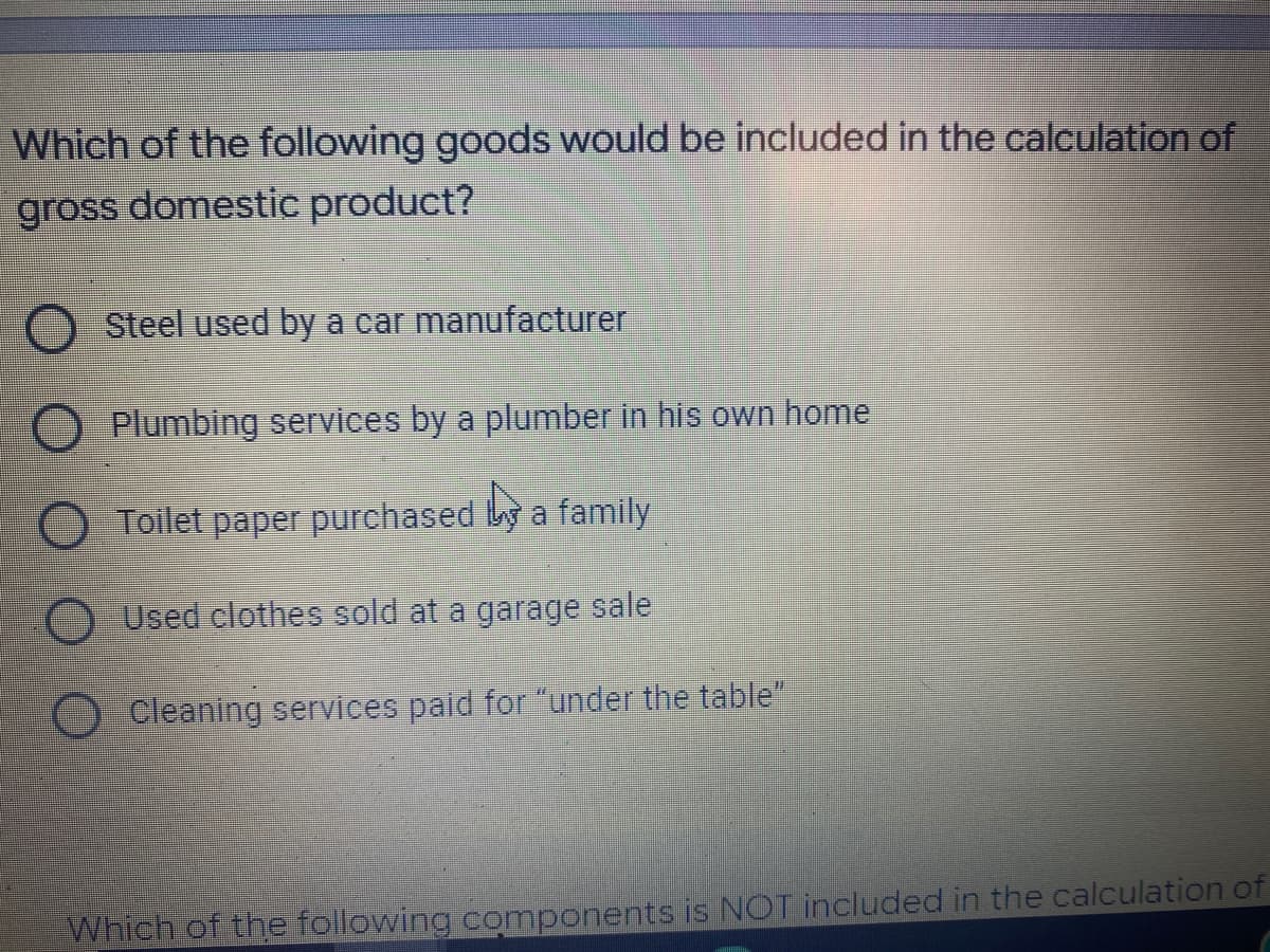 Which of the following goods would be included in the calculation of
gross domestic product?
Steel used by a car manufacturer
Plumbing services by a plumber in his own home
Toilet paper purchased y a family
Used clothes sold at a garage sale
Cleaning services paid for "under the table"
Which of the following components is NOT included in the calculation of
