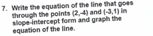 7. Write the equation of the line that goes
through the points (2,-4) and (-3,1) in
slope-intercept form and graph the
equation of the line.
