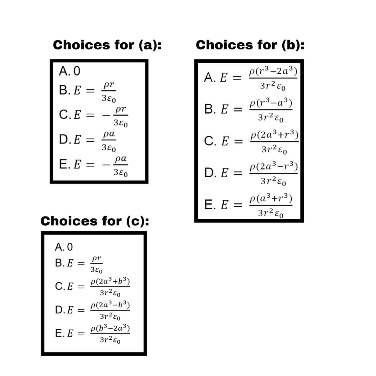 Choices for (a):
Choices for (b):
А. О
p(r³ –2a³)
3r2 ɛo
A. Ε=
pr
В.Е -
3Ɛo
В. Е —
P(r³-a³)
3r2 ɛo
C.E =
pr
%3D
3εο
C. E = P(2a³+r3)
3r2 ɛo
ра
D.E =
3ɛo
С. Е —
ра
Е. Е —
D. E = P(2a³-r3)
3r2ɛo
3ɛo
p(a³+r³)
3r² ɛo
E. E =
%3D
Choices for (c):
А.О
В.Е:
pr
3εο
P(2a³+b³)
3r2 ɛo
С.Е
D.E = P(2a³-b³)
3r2 ɛo
E. E = P(b³-2a³)
3r2ɛo
