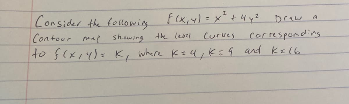 Consider the following
g f(x,y)=x?t4y2
Draw
a
Contour mal
showing
the leuci
Curves
correspondins.
to S(x14)= K, where K=4,k=q and KkE(6

