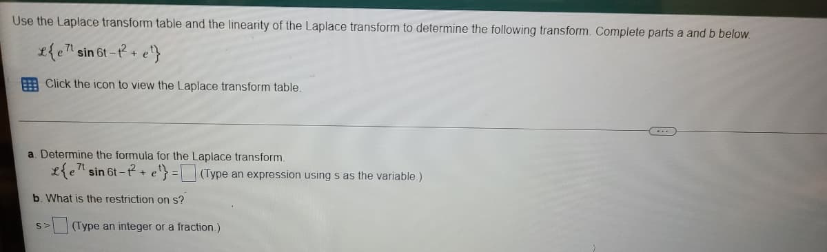 Use the Laplace transform table and the linearity of the Laplace transform to determine the following transform. Complete parts a and b below.
2{e" sin 6t - t + e}
Click the icon to view the Laplace transform table.
a. Determine the formula for the Laplace transform.
L{e" sin 6t-t + e
(Type an expression using s as the variable.)
b. What is the restriction on s?
(Type an integer or a fraction.)
S>
