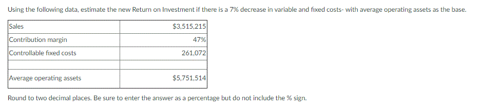Using the following data, estimate the new Return on Investment if there is a 7% decrease in variable and fixed costs- with average operating assets as the base.
Sales
$3,515,215
47%
Contribution margin
Controllable fixed costs
261,072
Average operating assets
$5,751,514
Round to two decimal places. Be sure to enter the answer as a percentage but do not include the % sign.
