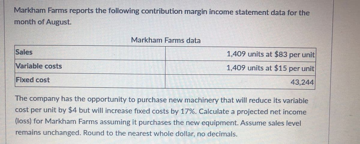 Markham Farms reports the following contribution margin income statement data for the
month of August.
Markham Farms data
Sales
1,409 units at $83 per unit
Variable costs
1,409 units at $15 per unit
Fixed cost
43,244
The company has the opportunity to purchase new machinery that will reduce its variable
cost per unit by $4 but will increase fixed costs by 17%. Calculate a projected net income
(loss) for Markham Farms assuming it purchases the new equipment. Assume sales level
remains unchanged. Round to the nearest whole dollar, no decimals.
