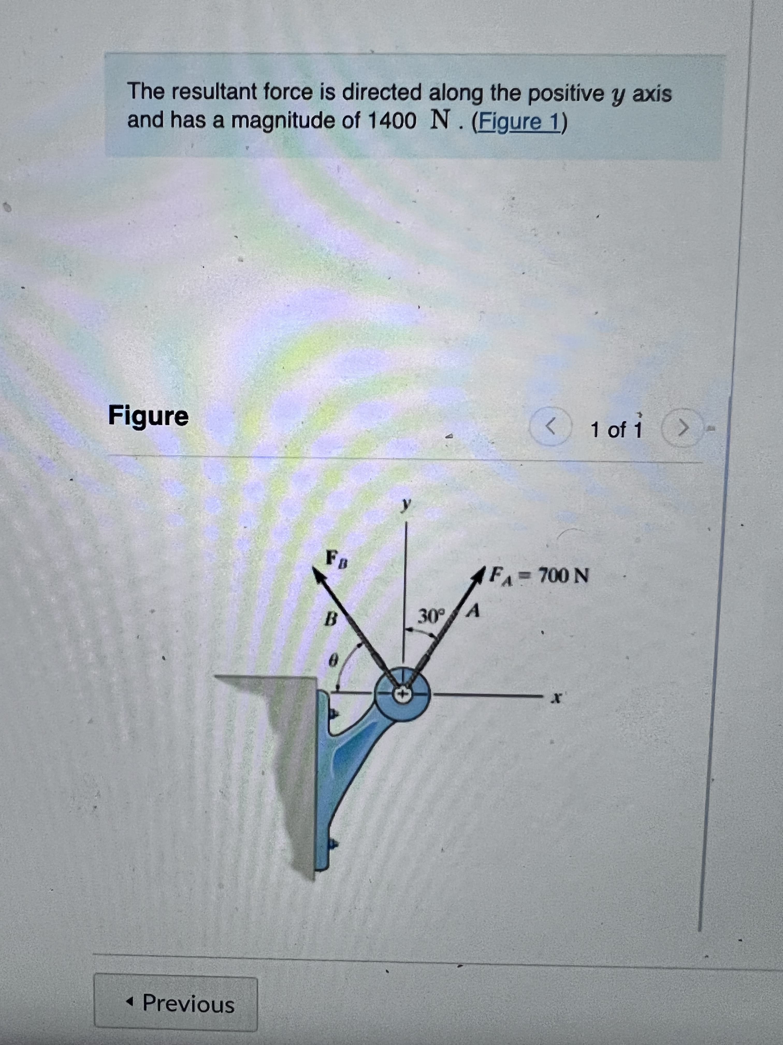 The resultant force is directed along the positive y axis
and has a magnitude of 1400 N. (Figure 1)
Figure
1 of 1
y.
AFA 700 N
B.
• Previous
