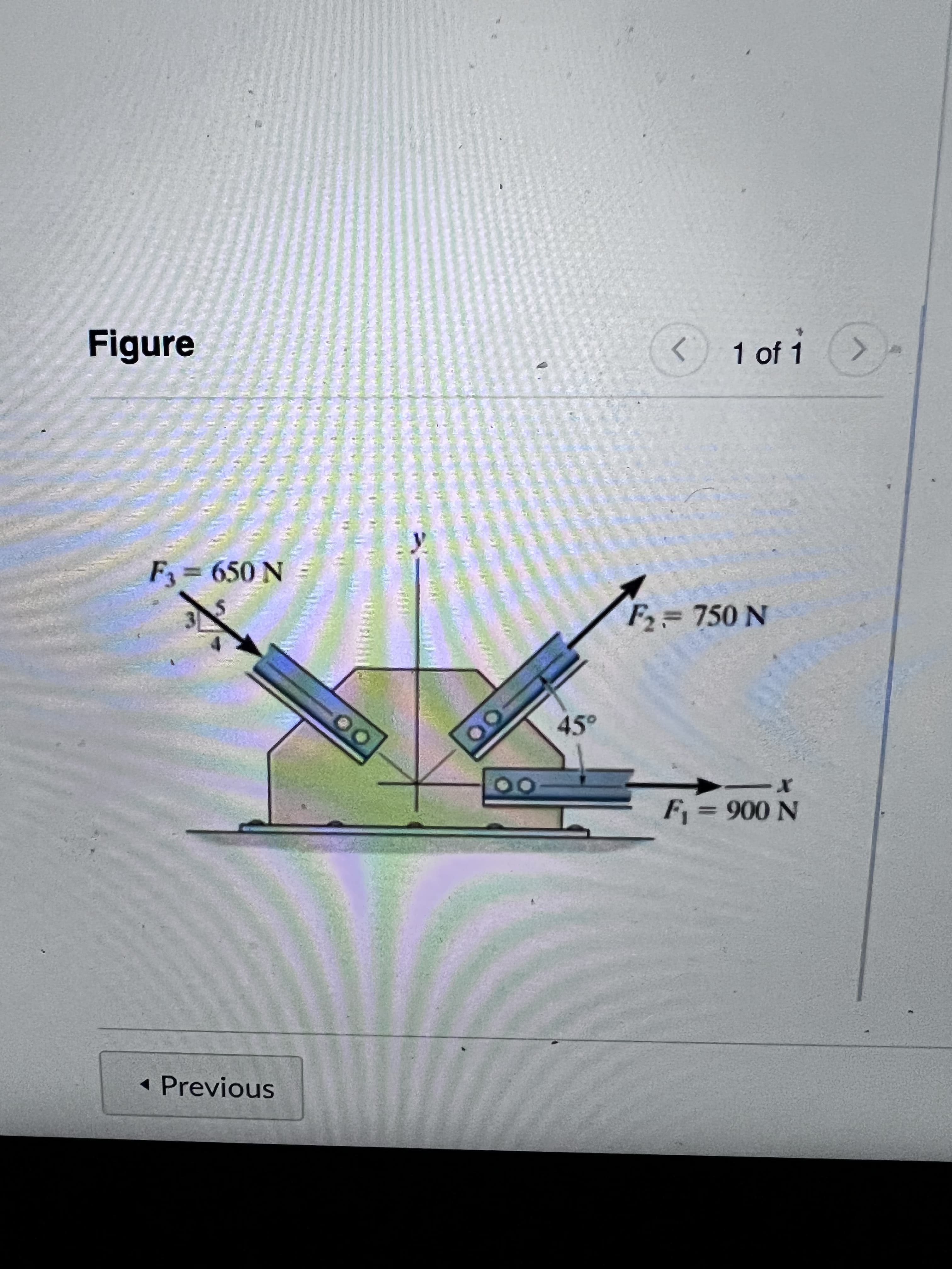 Figure
<.
1 of 1>-
F=650 N
F2%3D750 N
00
45°
N 006 =4
- Previous
