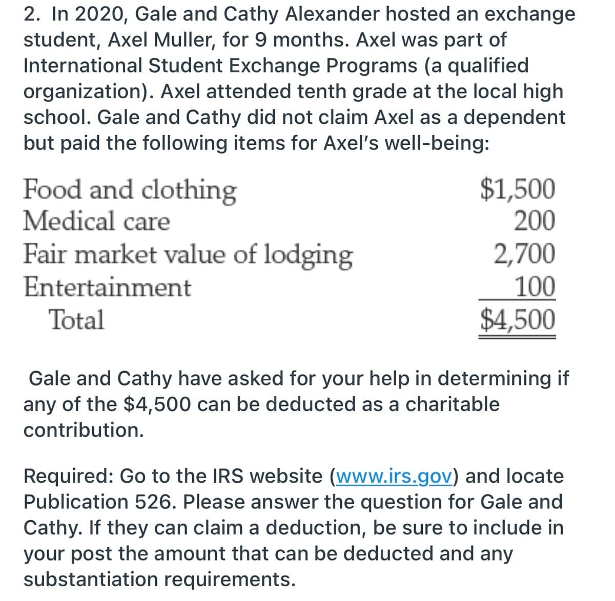 2. In 2020, Gale and Cathy Alexander hosted an exchange
student, Axel Muller, for 9 months. Axel was part of
International Student Exchange Programs (a qualified
organization). Axel attended tenth grade at the local high
school. Gale and Cathy did not claim Axel as a dependent
but paid the following items for Axel's well-being:
Food and clothing
Medical care
$1,500
200
Fair market value of lodging
2,700
100
$4,500
Entertainment
Total
Gale and Cathy have asked for your help in determining if
any of the $4,500 can be deducted as a charitable
contribution.
Required: Go to the IRS website (www.irs.gov) and locate
Publication 526. Please answer the question for Gale and
Cathy. If they can claim a deduction, be sure to include in
your post the amount that can be deducted and any
substantiation requirements.
