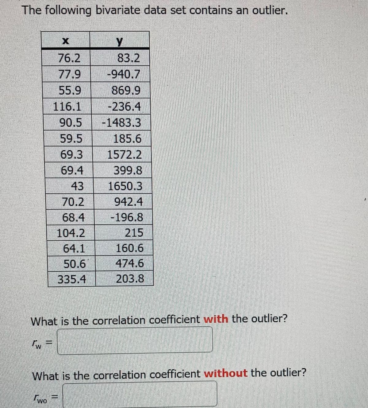 The following bivariate data set contains an outlier.
76.2
83.2
-940.7
869.9
-236.4
-1483.3
185.6
77.9
55.9
116.1
90.5
59.5
69.3
1572.2
69.4
399.8
43
1650.3
70.2
942.4
68.4
-196.8
104.2
215
160.6
474.6
203.8
64.1
50.6
335.4
What is the correlation coefficient with the outlier?
What is the correlation coefficient without the outlier?
