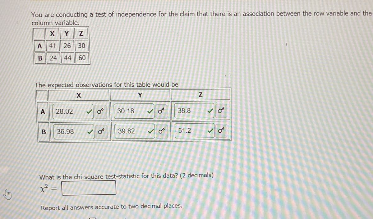 You are conducting a test of independence for the claim that there is an association between the row variable and the
column variable.
Y
A 41 26 30
B
24 44 60
The expected observations for this table would be
X
Y
A
28.02
30.18
38.8
36.98
39.82
51.2
What is the chi-square test-statistic for this data? (2 decimals)
Report all answers accurate to two decimal places.
of
