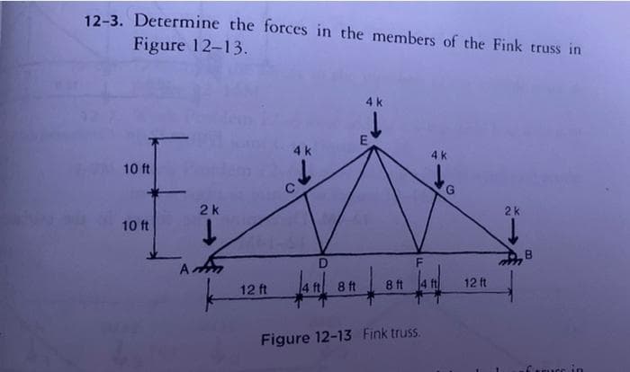 12-3. Determine the forces in the members of the Fink truss in
Figure 12-13.
4 k
4 k
4k
10 ft
2k
2k
10 ft
A
8 ft
8 ft
12 ft
12 ft
Figure 12-13 Fink truss.
->
