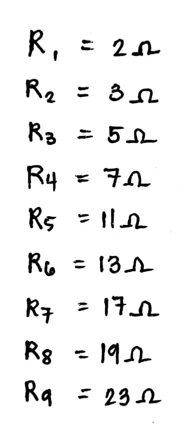 R,
こ20
R2 = 3n
R3 = 5
R4
Rs = 11n
Ro
= 13A
R子
172
R8
- 192
Rg = 23 2
