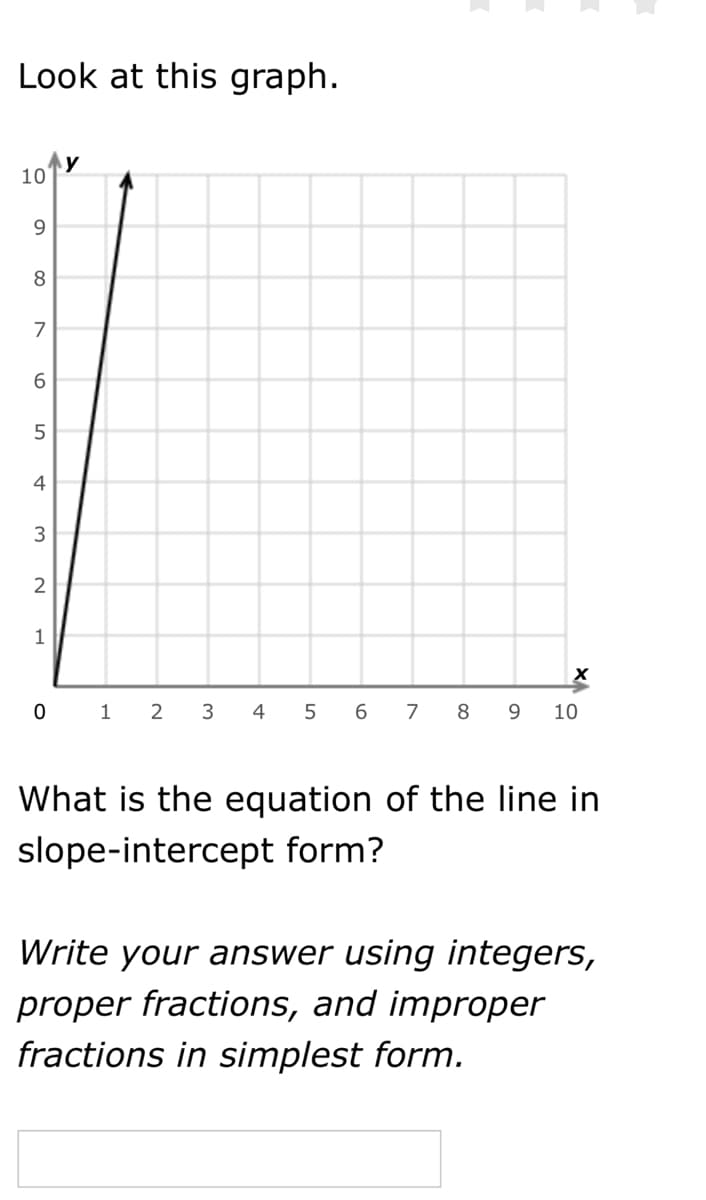 Look at this graph.
y
10
9.
8
6
4
3
0 1 2
3
4 5 6
7
8
9.
10
What is the equation of the line in
slope-intercept form?
Write your answer using integers,
proper fractions, and improper
fractions in simplest form.
2.
