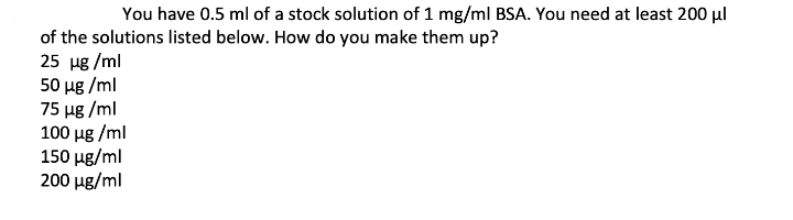 You have 0.5 ml of a stock solution of 1 mg/ml BSA. You need at least 200 µl
of the solutions listed below. How do you make them up?
25 ug /ml
50 ug /ml
75 µg /ml
100 ug /ml
150 ug/ml
200 ug/ml
