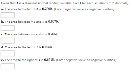 Given that z is a standard normal random variable, find z for each situation (to 2 decimals).
a. The area to the left of z is 0.2090. (Enter negative value as negative number.)
b. The area between -2 and i is 0.9070.
c. The area between -* and z is 0.2052.
d. The area to the left of z is 0.9953.
e. The area to the right of z is 0.6915. (Enter negative value as negative number.)
