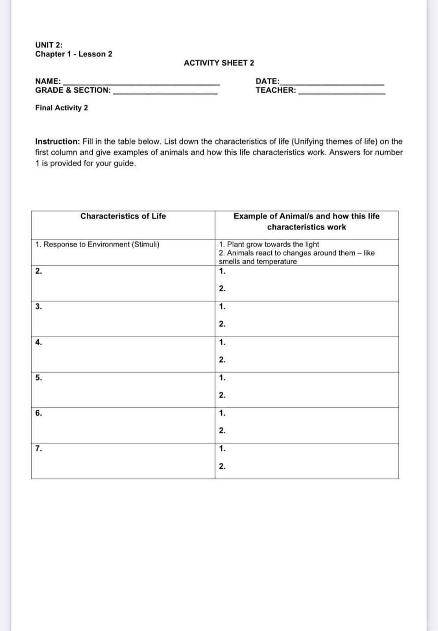 UNIT 2:
Chapter 1 - Lesson 2
ACTIVITY SHEET 2
NAME:
GRADE & SECTION:
DATE:
TEACHER:
Final Activity 2
Instruction: Fill in the table below. List down the characteristics of life (Unifying themes of life) on the
first column and give examples of animals and how this life characteristics work. Answers for number
1 is provided for your guide.
Example of Animal/s and how this life
characteristics work
Characteristics of Life
1. Plant grow towards the light
2. Animals react to changes around them - like
smells and temperature
1.
1. Response to Environment (Stimuli)
2.
2.
3.
1.
2.
4.
1.
2.
5.
1.
2.
6.
1.
2.
7.
1.
2.
