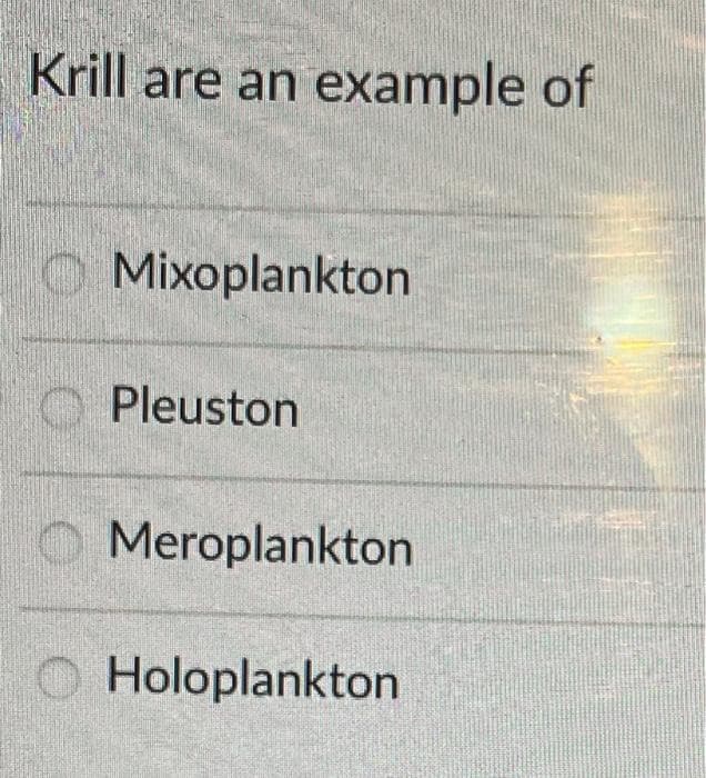 Krill are an example of
Mixoplankton
Pleuston
Meroplankton
Holoplankton