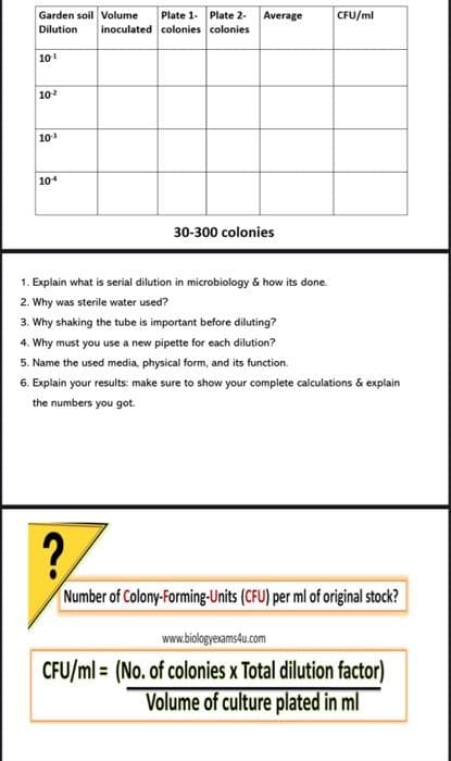 Garden soil Volume Plate 1- Plate 2-
Dilution inoculated colonies colonies
101
102
103
Average
CFU/ml
104
30-300 colonies
1. Explain what is serial dilution in microbiology & how its done.
2. Why was sterile water used?
3. Why shaking the tube is important before diluting?
4. Why must you use a new pipette for each dilution?
5. Name the used media, physical form, and its function.
6. Explain your results: make sure to show your complete calculations & explain
the numbers you got.
?
Number of Colony-Forming-Units (CFU) per ml of original stock?
www.biologyexams4u.com
CFU/ml (No. of colonies x Total dilution factor)
Volume of culture plated in ml