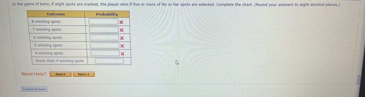 In the game of keno, if eight spots are marked, the player wins if five or more of his or her spots are selected. Complete the chart. (Round your answers to eight decimal places.)
Probability
8 winning spots
7 winning spots
Outcome
6 winning spots
5 winning spots
4 winning spots
fewer than 4 winning spots
Need Help?
Submit Answer
Read It
Watch It
X
B