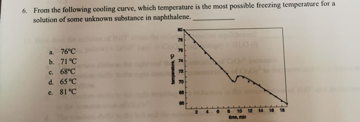 6. From the following cooling curve, which temperature is the most possible freezing temperature for a
solution of some unknown substance in naphthalene.
80
78
a. 76°C
76
b. 71 °C
increases
74
с.
68°C
of CrO to dec
72
d. 65 °C
70
e. 81 °C
68
n the
66
4
10 12 14 16 18
time, min
tomperature, C
