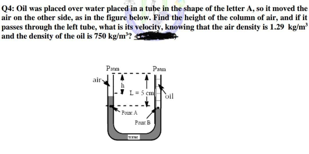 Q4: Oil was placed over water placed in a tube in the shape of the letter A, so it moved the
air on the other side, as in the figure below. Find the height of the column of air, and if it
passes through the left tube, what is its velocity, knowing that the air density is 1.29 kg/m³
and the density of the oil is 750 kg/m³?
Patm
Patm
air
h
L = 5 cm
-K
Point B
Poin: A
water
oil