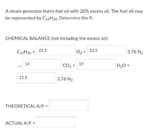 A steam generator burns fuel oil with 20% excess air. The fuel oil may
be represented by C14H30. Determine the ff.
CHEMICAL BALANCE (not including the excess air):
C14H30 + 21.5
02 + 21.5
3.76 N2
14
15
CO2 +
H2O +
21.5
3.76 N2
THEORETICAL A/F =
ACTUAL A/F =
