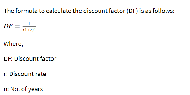 The formula to calculate the discount factor (DF) is as follows:
DF =
1
(1+r)"
Where,
DF: Discount factor
r: Discount rate
n: No. of years

