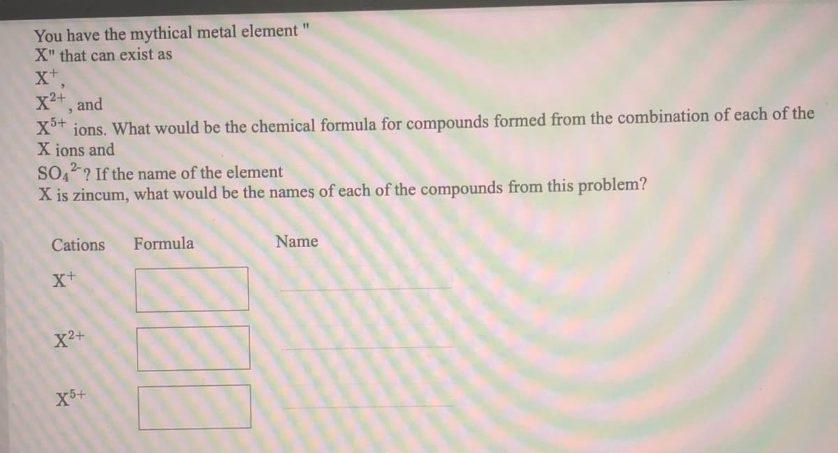 You have the mythical metal element "
X" that can exist as
x+
X2+
and
X5+
ions. What would be the chemical formula for compounds formed from the combination of each of the
X ions and
SO4? If the name of the element
X is zincum, what would be the names of each of the compounds from this problem?
Cations
Formula
Name
X2+
X5+

