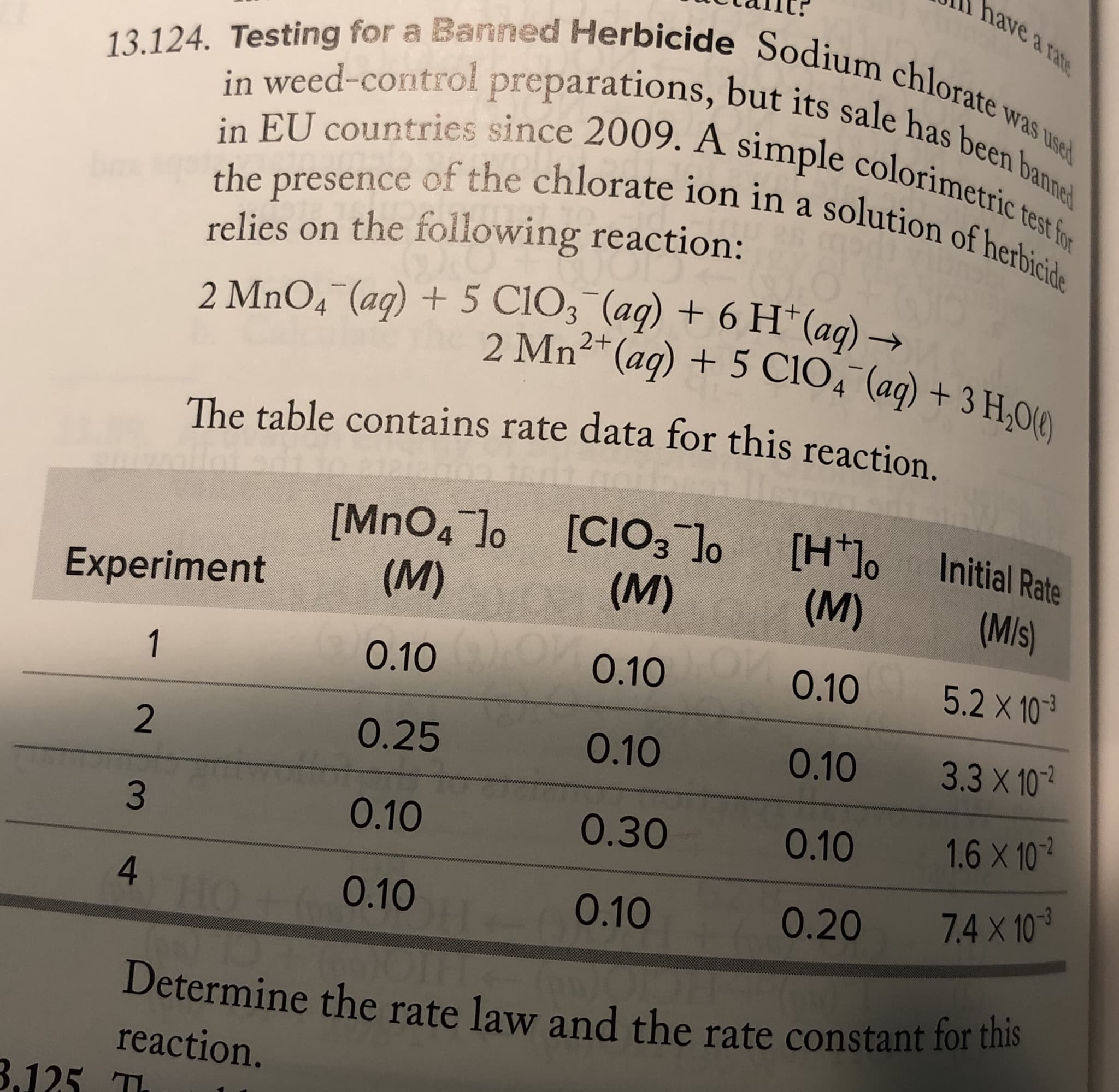 have a rate
13.124. Testing for a Banned Herbicide Sodium chlorate w
in EU countries since 2009. A simple colorimetric test for
the presence of the chlorate ion in a solution of herbicide
was used
relies on the following reaction:
2 MnO4 (ag) + 5 C103 (aq) + 6 H*(aq) →
2 Mn2+ (aq) + 5 C104¯(ag) + 3 H,0(0)
The table contains rate data for this reaction.
[CIO3 ]o
(M)
[H*]%
(M)
Initial Rate
[MnO4 lo
(M)
(Mis)
Experiment
5.2 X 10
0.10
0.10
0.10
1
3.3x 10
0.10
0.10
0.25
1.6 x 10
0.10
0.30
0.10
7.4 X 103
0.20
0.10
0.10
4
HO
THE
Determine the rate law and the rate constant for this
reaction.
3,125 T
3.

