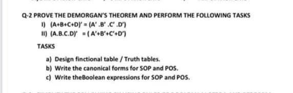 Q-2 PROVE THE DEMORGAN'S THEOREM AND PERFORM THE FOLLOWING TASKS
) (A+B+C+DY = (A' .B' .C.D')
I) (A.B.C.DY = (A'B'+C'+D')
TASKS
a) Design finctional table / Truth tables.
b) Write the canonical forms for SOP and POS.
c) Write theBoolean expressions for SOP and POS.
