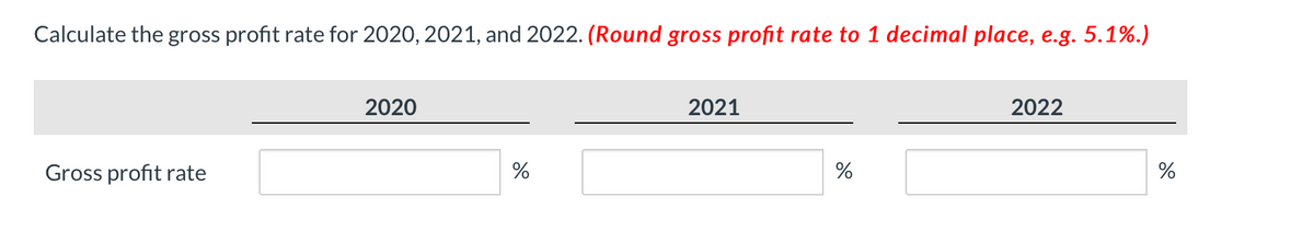 Calculate the gross profit rate for 2020, 2021, and 2022. (Round gross profit rate to 1 decimal place, e.g. 5.1%.)
2020
2021
2022
Gross profit rate
%
