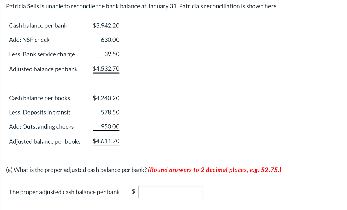 Patricia Sells is unable to reconcile the bank balance at January 31. Patricia's reconciliation is shown here.
Cash balance per bank
$3,942.20
Add: NSF check
630.00
Less: Bank service charge
39.50
Adjusted balance per bank
$4,532.70
Cash balance per books
$4,240.20
Less: Deposits in transit
578.50
Add: Outstanding checks
950.00
Adjusted balance per books
$4,611.70
(a) What is the proper adjusted cash balance per bank? (Round answers to 2 decimal places, e.g. 52.75.)
The proper adjusted cash balance per bank
$
