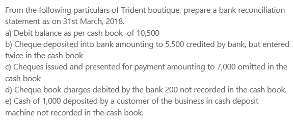 From the following particulars of Trident boutique, prepare a bank reconciliation
statement as on 31st March, 2018.
a) Debit balance as per cash book of 10,500
b) Cheque deposited into bank amounting to 5,500 credited by bank, but entered
twice in the cash book
c) Cheques issued and presented for payment amounting to 7,000 omitted in the
cash book
d) Cheque book charges debited by the bank 200 not recorded in the cash book.
e) Cash of 1,000 deposited by a customer of the business in cash deposit
machine not recorded in the cash book.
