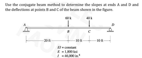 Use the conjugate beam method to determine the slopes at ends A and D and
the deflections at points B and C of the beam shown in the figure.
60 k
40 k
A
D
B
C
-20 ft
-10 ft
10 ft
El = constant
E = 1,800 ksi
I = 46,000 in.
