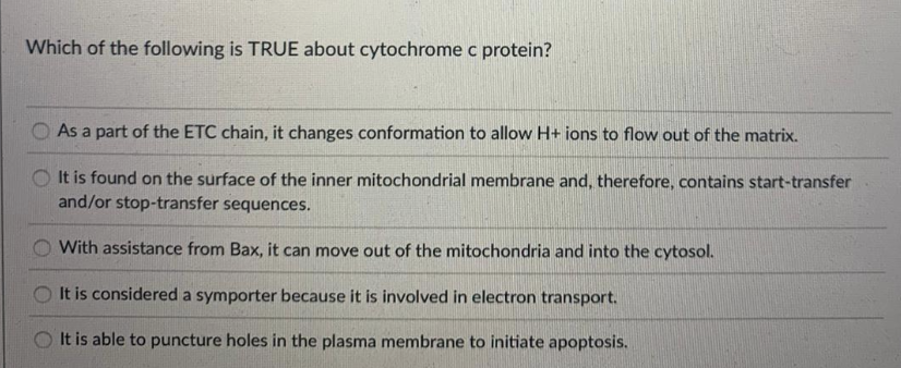 Which of the following is TRUE about cytochrome c protein?
As a part of the ETC chain, it changes conformation to allow H+ ions to flow out of the matrix.
It is found on the surface of the inner mitochondrial membrane and, therefore, contains start-transfer
and/or stop-transfer sequences.
With assistance from Bax, it can move out of the mitochondria and into the cytosol.
It is considered a symporter because it is involved in electron transport.
It is able to puncture holes in the plasma membrane to initiate apoptosis.
