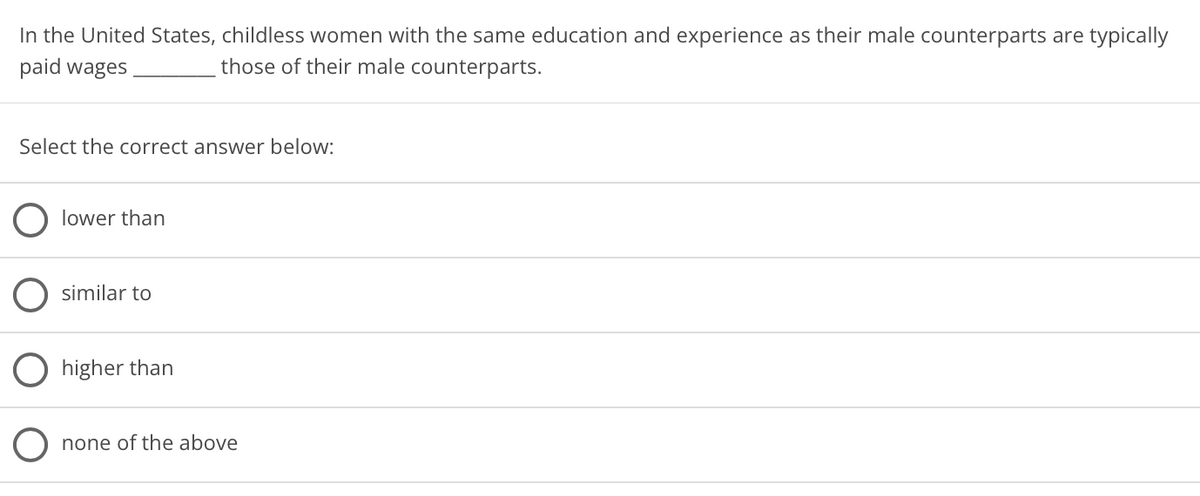 In the United States, childless women with the same education and experience as their male counterparts are typically
paid wages
those of their male counterparts.
Select the correct answer below:
lower than
similar to
higher than
none of the above
