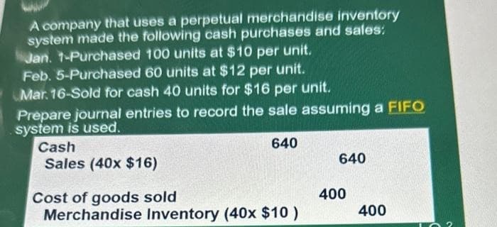 A company that uses a perpetual merchandise inventory
system made the following cash purchases and sales:
Jan. 1-Purchased 100 units at $10 per unit.
Feb. 5-Purchased 60 units at $12 per unit.
Mar. 16-Sold for cash 40 units for $16 per unit.
Prepare journal entries to record the sale assuming a FIFO
system is used.
Cash
Sales (40x $16)
640
Cost of goods sold
Merchandise Inventory (40x $10 )
640
400
400
02