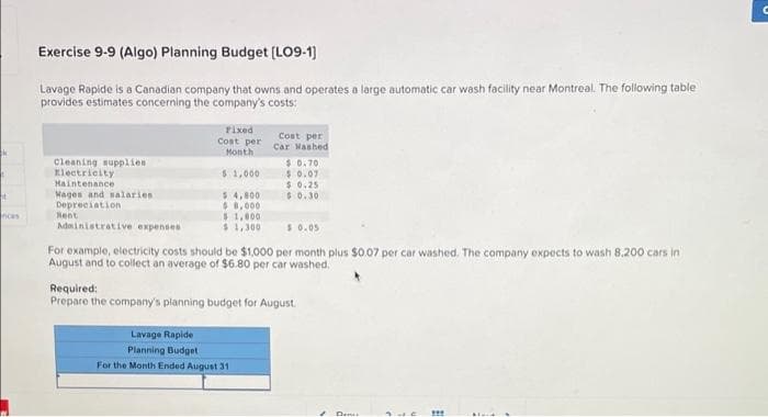 1
ht
nces
Exercise 9-9 (Algo) Planning Budget (LO9-1]
Lavage Rapide is a Canadian company that owns and operates a large automatic car wash facility near Montreal. The following table
provides estimates concerning the company's costs:
Cleaning supplien
Electricity
Maintenance
Fixed
Cost per
Month
$1,000
$ 4,800
$8,000
$1,000
$1,300
Rent
Cost per
Car Washed
Wages and salaries
Depreciation
Administrative expenses
For example, electricity costs should be $1,000 per month plus $0.07 per car washed. The company expects to wash 8.200 cars in
August and to collect an average of $6.80 per car washed.
$ 0.70
$ 0.07
$ 0.25
$0.30
Lavage Rapide
Planning Budget
For the Month Ended August 31
$ 0.05
Required:
Prepare the company's planning budget for August
Den
***