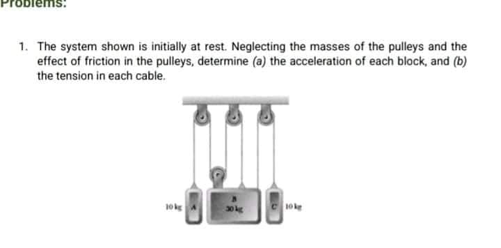 blems:
1. The system shown is initially at rest. Neglecting the masses of the pulleys and the
effect of friction in the pulleys, determine (a) the acceleration of each block, and (b)
the tension in each cable.
10k A
30 kg
