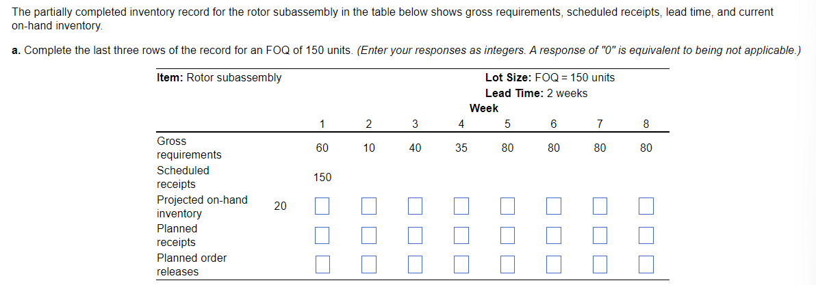 The partially completed inventory record for the rotor subassembly in the table below shows gross requirements, scheduled receipts, lead time, and current
on-hand inventory.
a. Complete the last three rows of the record for an FOQ of 150 units. (Enter your responses as integers. A response of "0" is equivalent to being not applicable.)
Item: Rotor subassembly
Lot Size: FOQ = 150 units
Lead Time: 2 weeks
Week
1
2
4
6
7
8
Grss
60
10
40
80
80
80
80
requirements
Scheduled
150
receipts
Projected on-hand
inventory
20
Planned
receipts
Planned order
releases
O O O
O O
35
