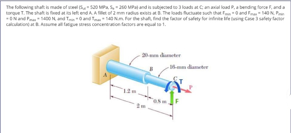 The following shaft is made of steel (Sut = 520 MPa, Se = 260 MPa) and is subjected to 3 loads at C; an axial load P, a bending force F, and a
torque T. The shaft is fixed at its left end A. A fillet of 2 mm radius exists at B. The loads fluctuate such that Fmin = 0 and Fmax = 140 N, Pmin
= 0N and Pmax = 1400 N, and Tmin = 0 and Tmax = 140 N.m. For the shaft, find the factor of safety for infinite life (using Case 3 safety factor
calculation) at B. Assume all fatigue stress concentration factors are equal to 1.
20-mm diameter
- 16-mm diameter
B
1.2 m
0.8m F
2 m

