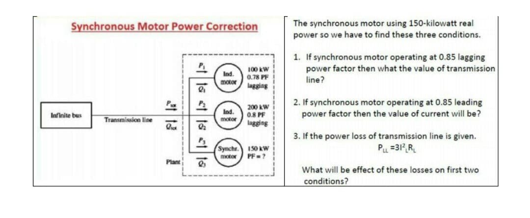 Synchronous Motor Power Correction
The synchronous motor using 150-kilowatt real
power so we have to find these three conditions.
1. If synchronous motor operating at 0.85 lagging
power factor then what the value of transmission
Ind.
motor
100 kW
0.78 PF
line?
lagging
200 kW
0.8 PF
lagging
2. If synchronous motor operating at 0.85 leading
power factor then the value of current will be?
Ind.
Infinite bus
Transmission line
motor
3. If the power loss of transmission line is given.
Synchr.
150 kW
PF=?
Pu =312 R
motor
Plant
What will be effect of these losses on first two
conditions?
<t ts et ts et ts
1 13
