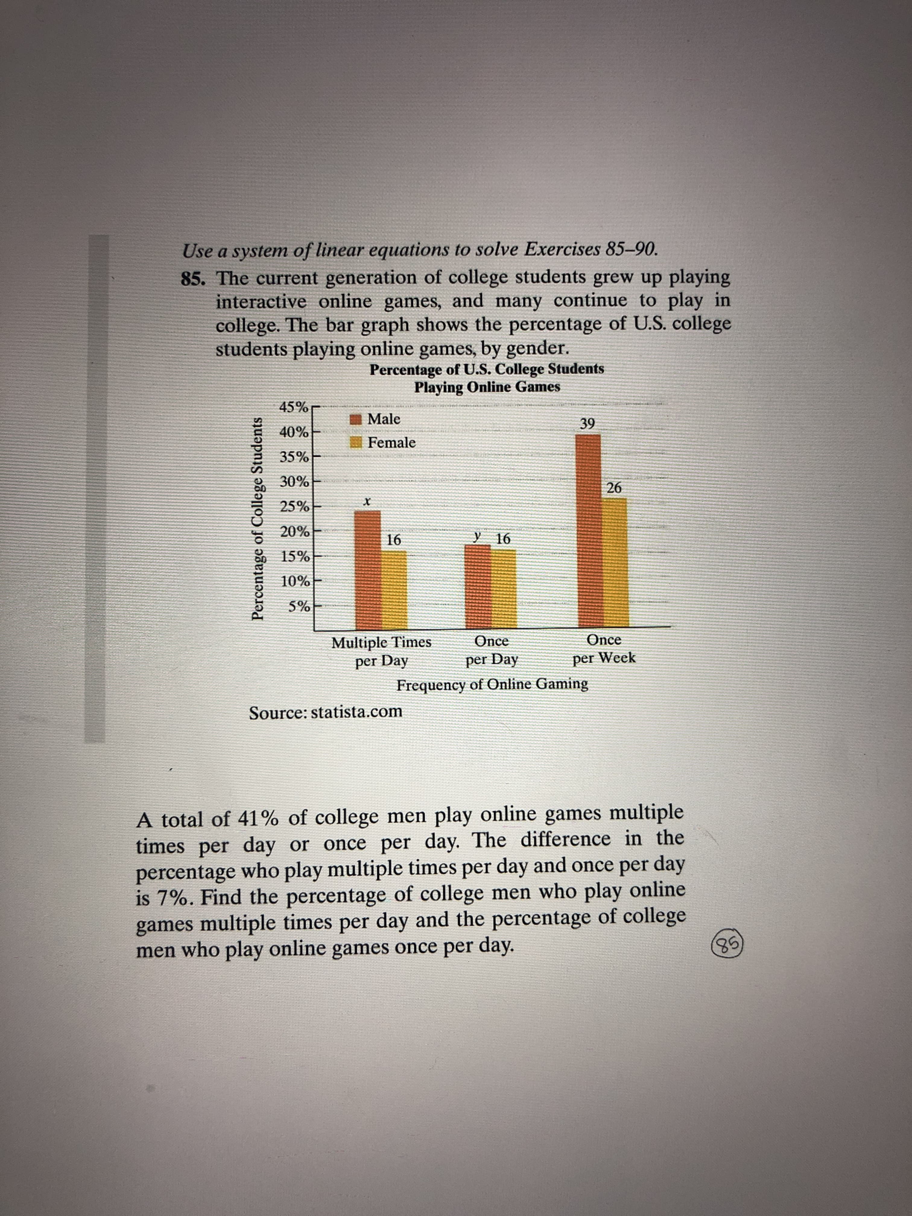 Use a system of linear equations to solve Exercises 85-90.
85. The current generation of college students grew up playing
interactive online games, and many continue to play in
college. The bar graph shows the percentage of U.S. college
students playing online games, by gender.
Percentage of U.S. College Students
Playing Online Games
45%
Male
39
40%
I Female
35%
30%
26
25%
20%
16
Y 16
15%
10%
5%
Multiple Times
per Day
Once
Once
per Day
per Week
Frequency of Online Gaming
Source: statista.com
A total of 41% of college men play online games multiple
times per day or once per day. The difference in the
percentage who play multiple times per day and once per day
is 7%. Find the percentage of college men who play online
games multiple times per day and the percentage of college
men who play online games once per day.
8,
Percentage of College Students
