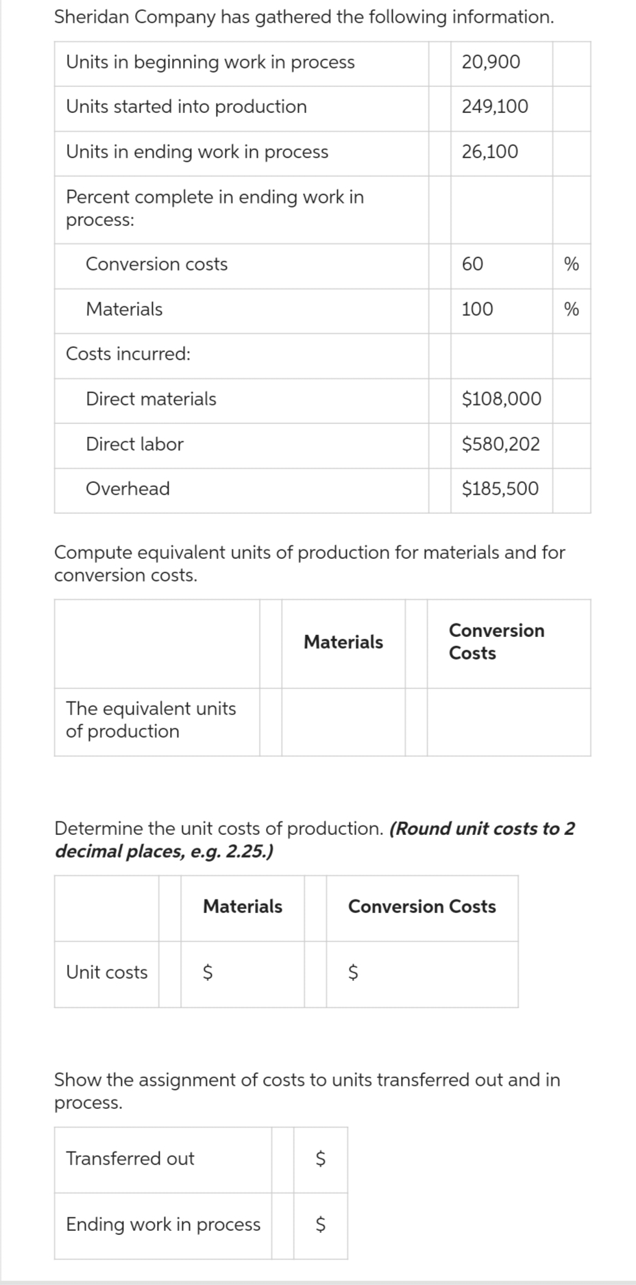 Sheridan Company has gathered the following information.
Units in beginning work in process
Units started into production
Units in ending work in process
Percent complete in ending work in
process:
Conversion costs
Materials
Costs incurred:
Direct materials
Direct labor
Overhead
The equivalent units
of production
Unit costs
Transferred out
Materials
Ending work in
$
Materials
20,900
Compute equivalent units of production for materials and for
conversion costs.
process
249,100
26,100
$
60
100
Determine the unit costs of production. (Round unit costs to 2
decimal places, e.g. 2.25.)
$108,000
$580,202
$185,500
Conversion
Costs
Show the assignment of costs to units transferred out and in
process.
Conversion Costs
%
%